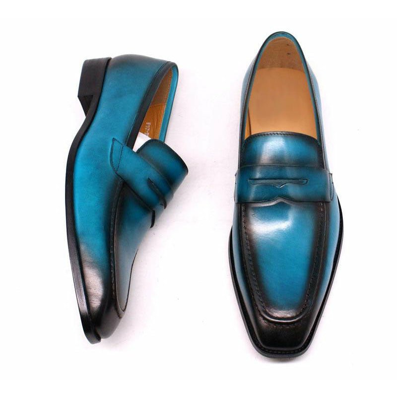 Mediterranean Blue & Black Ombré Tanned Cowhide Penny Loafers - Ideal Place Market