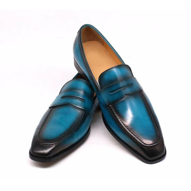 Mediterranean Blue & Black Ombré Tanned Cowhide Penny Loafers - Ideal Place Market