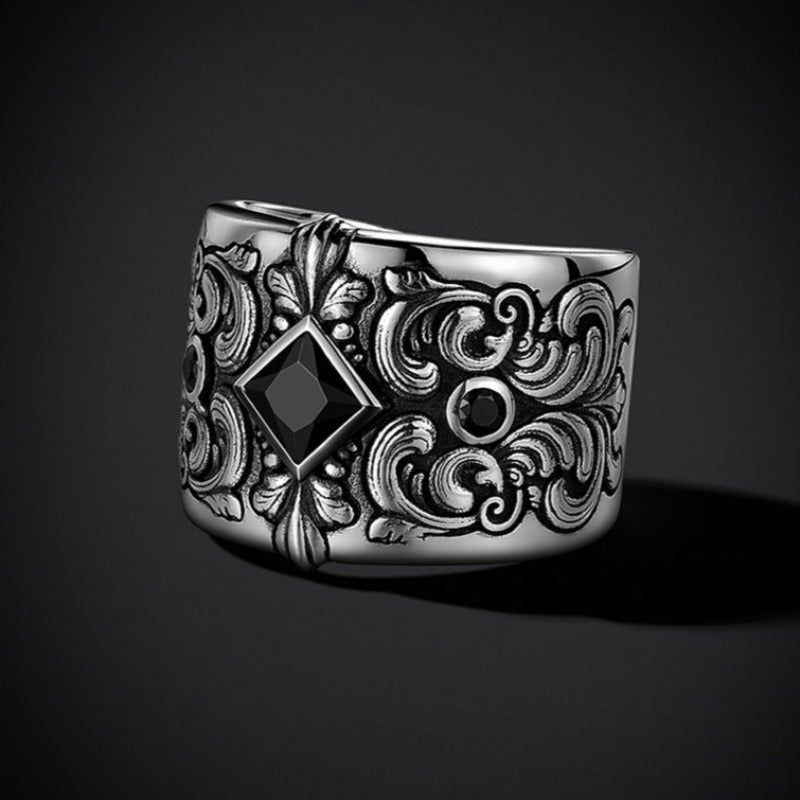 Men's Black Zircon & Rustic Detailed Silver Adjustable Ring - Ideal Place Market