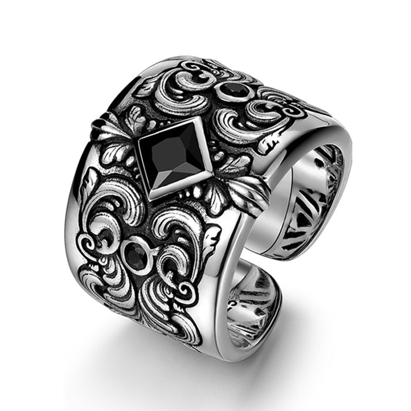 Men's Black Zircon & Rustic Detailed Silver Adjustable Ring - Ideal Place Market