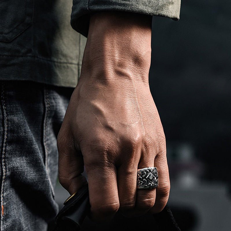 Men's Black Zircon & Rustic Detailed Silver Adjustable Ring - Ideal Place Market