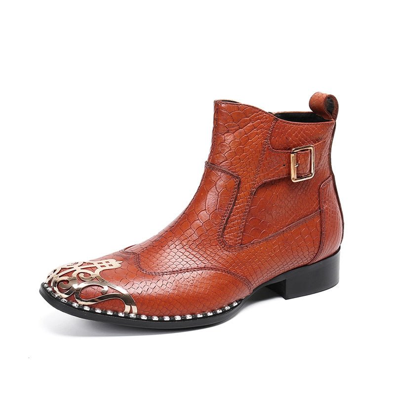 Men's Embossed Leather Ankle Boots with Filigree Toe & Rhinestones - Ideal Place Market