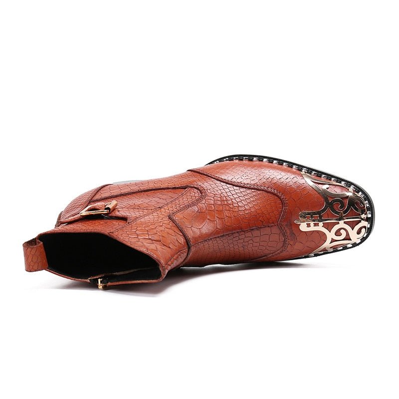 Men's Embossed Leather Ankle Boots with Filigree Toe & Rhinestones - Ideal Place Market