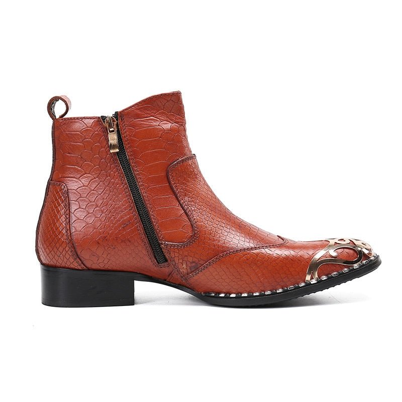 Men's Embossed Leather Ankle Boots with Filigree Toe & Rhinestones - Ideal Place Market