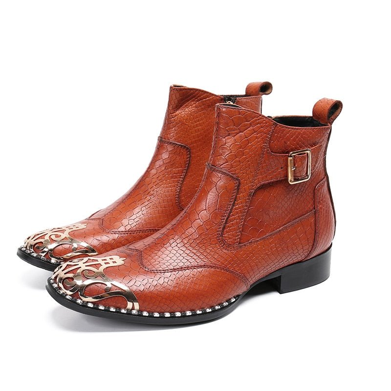 Men's Embossed Leather Ankle Boots with Filigree Toe & Rhinestones - Ideal Place Market