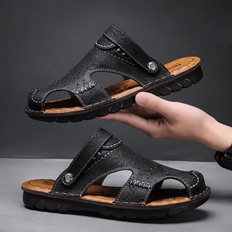 Men's Genuine Leather Slip-On Sandals with Ankle Strap - Ideal Place Market