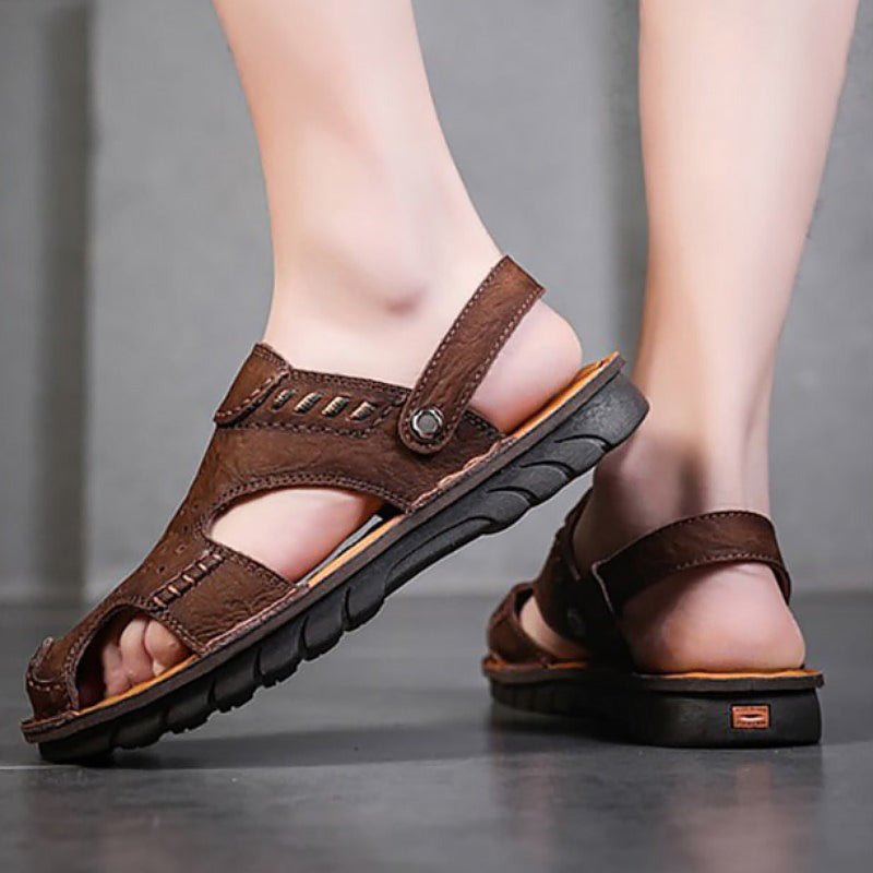 Men's Genuine Leather Slip-On Sandals with Ankle Strap - Ideal Place Market