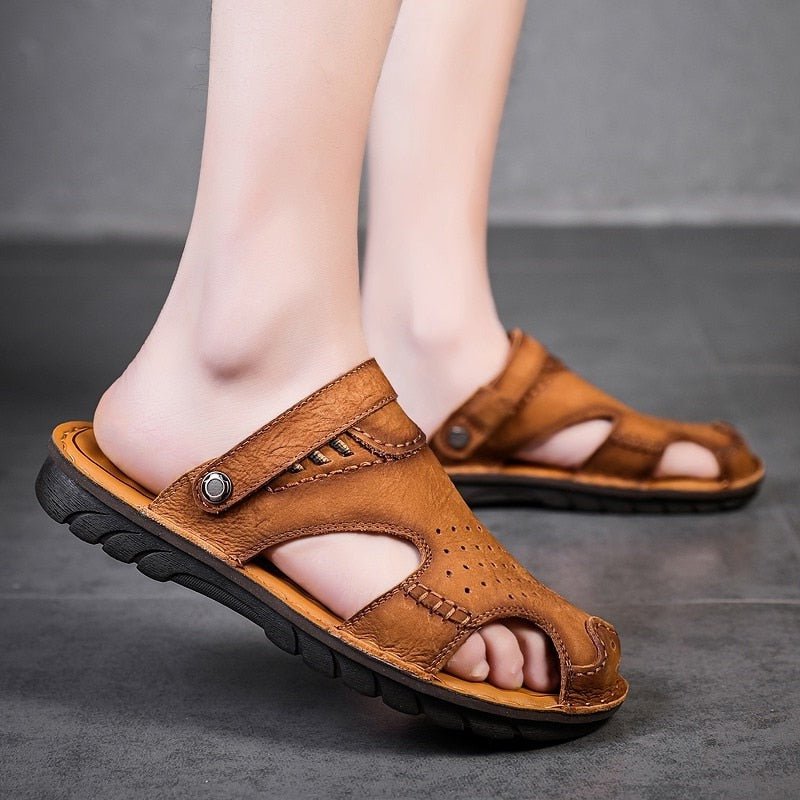 Men's Genuine Leather Slip-On Sandals with Ankle Strap - Ideal Place Market