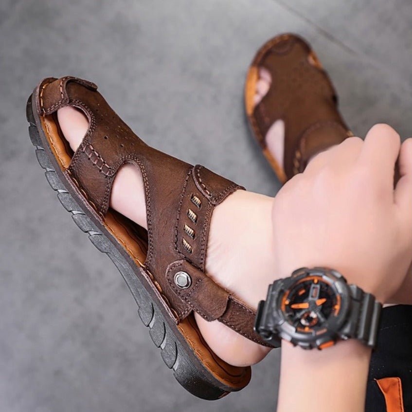 Men's Genuine Leather Slip-On Sandals with Ankle Strap - Ideal Place Market