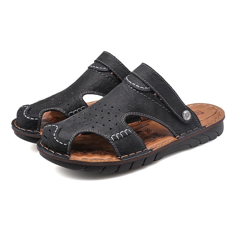 Men's Genuine Leather Slip-On Sandals with Ankle Strap - Ideal Place Market