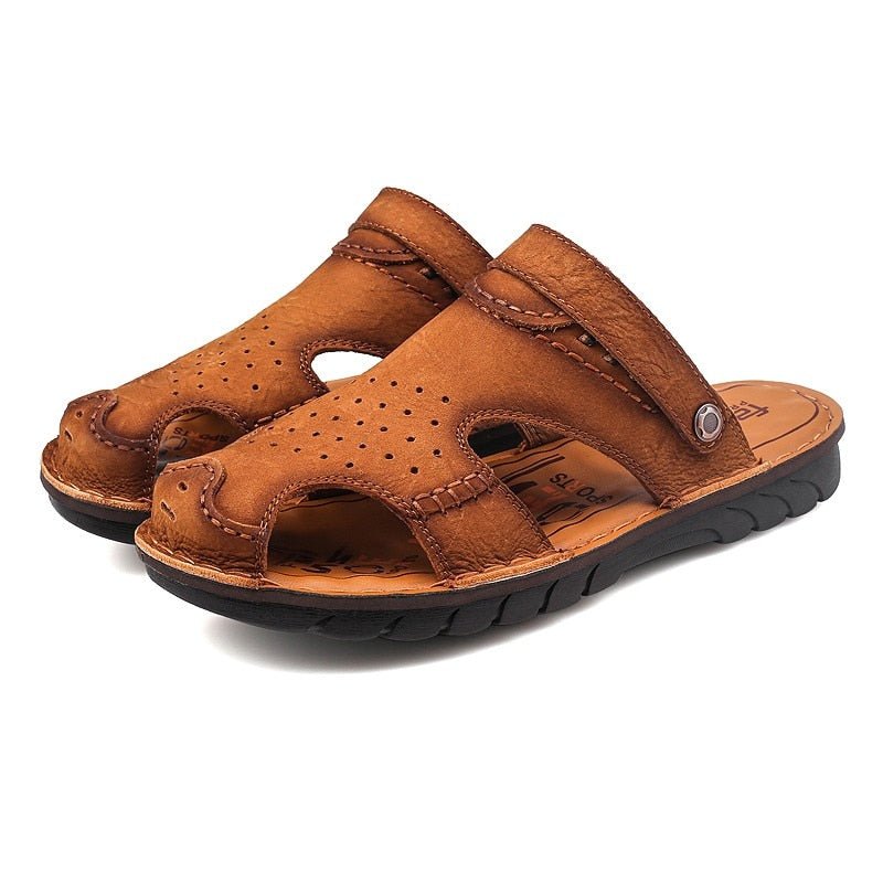 Men's Genuine Leather Slip-On Sandals with Ankle Strap - Ideal Place Market