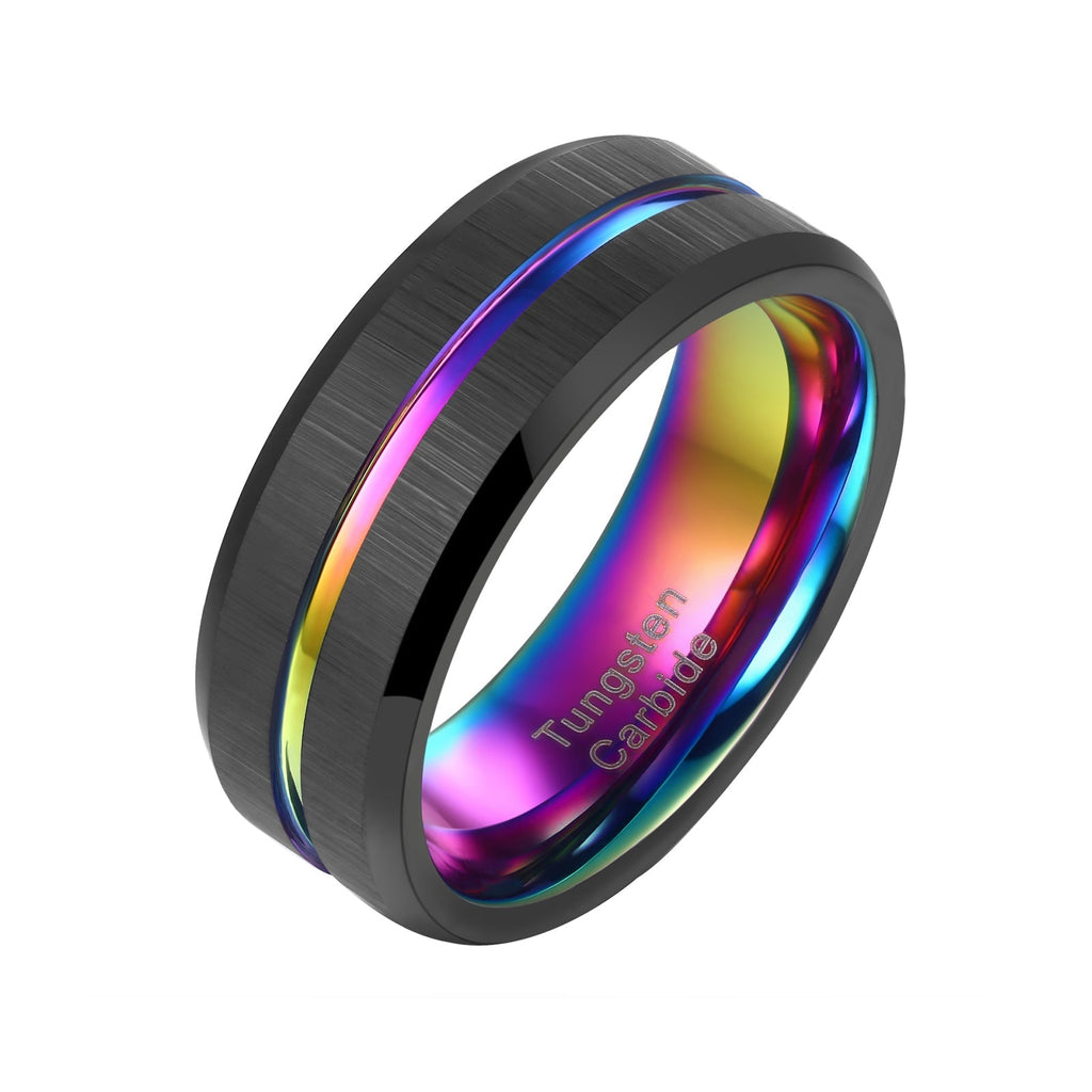 Men's Iridescent Rainbow & Black Tungsten Carbide Ring - Ideal Place Market