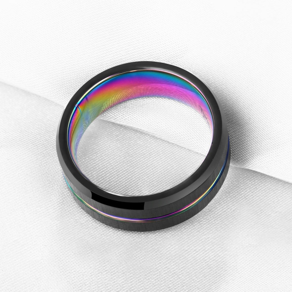 Men's Iridescent Rainbow & Black Tungsten Carbide Ring - Ideal Place Market