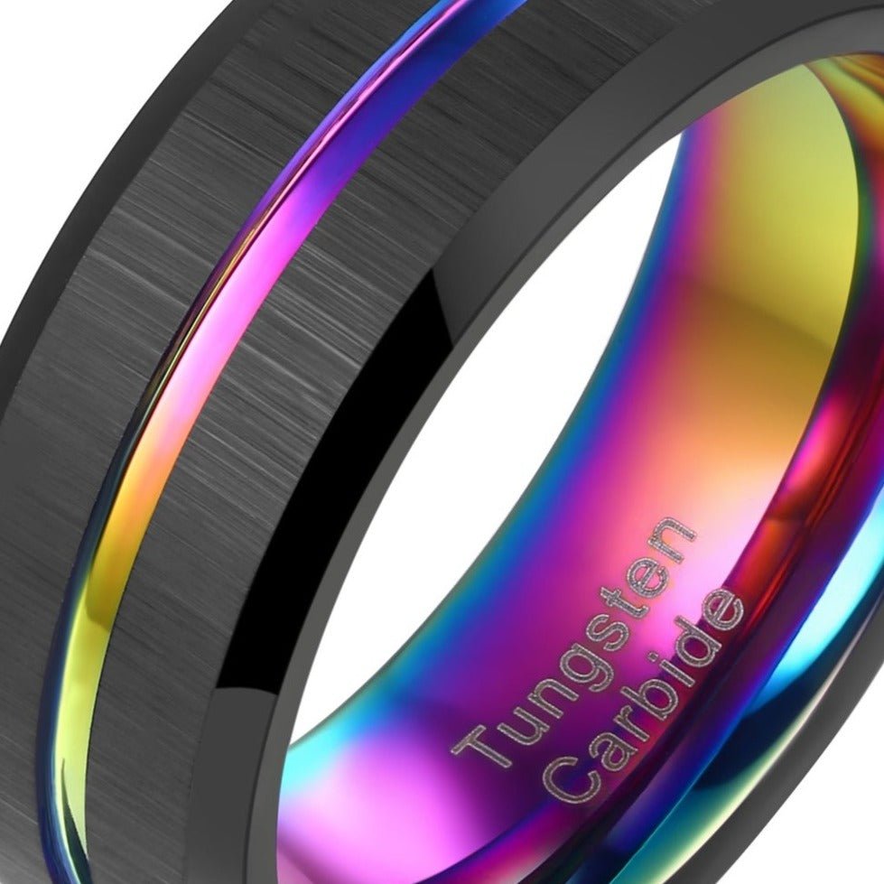 Men's Iridescent Rainbow & Black Tungsten Carbide Ring - Ideal Place Market