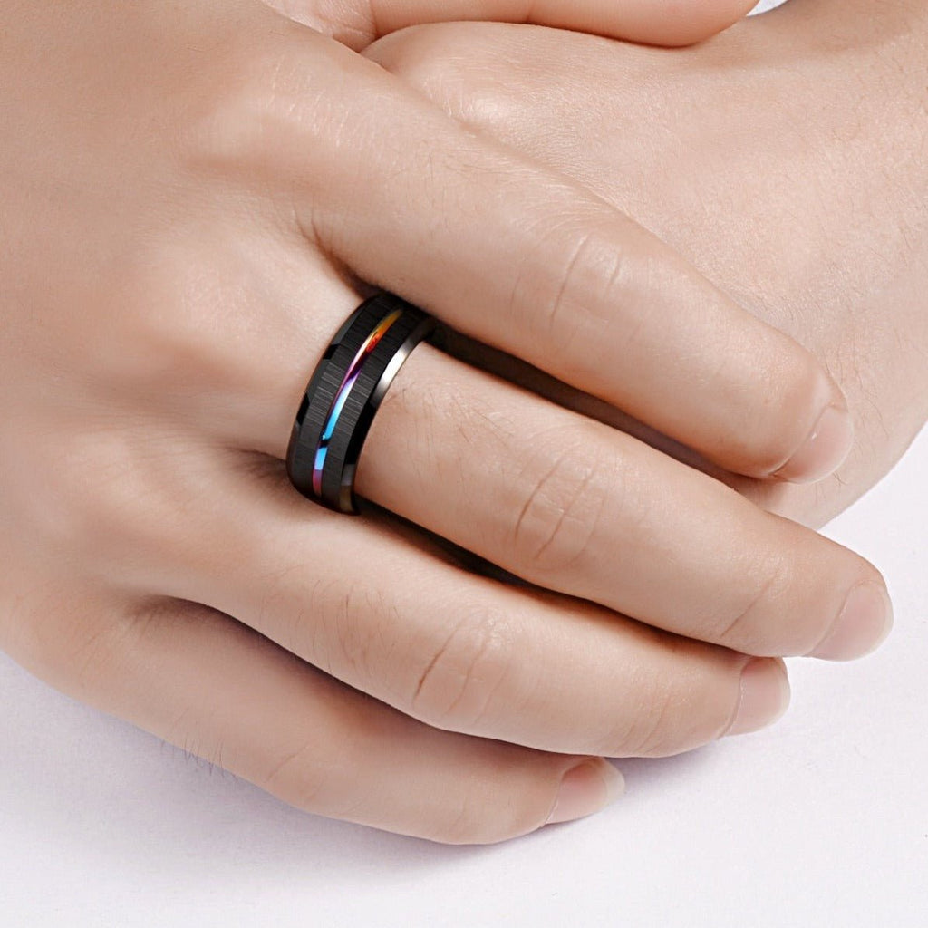 Men's Iridescent Rainbow & Black Tungsten Carbide Ring - Ideal Place Market