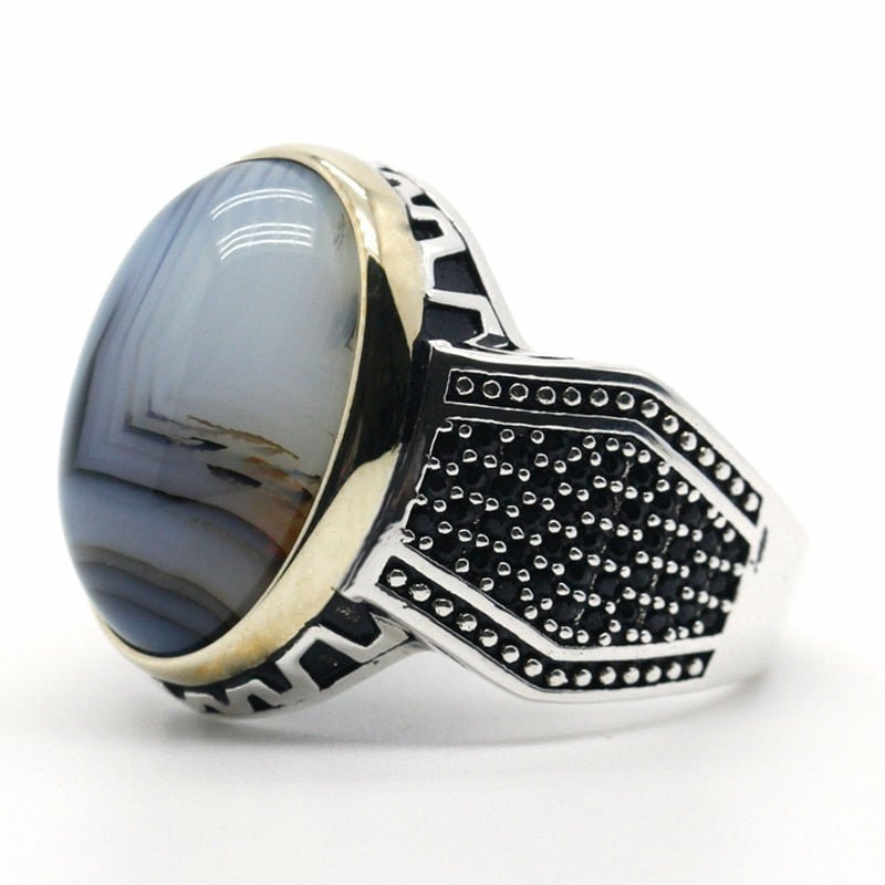 Men's Natural Agate & Black Zircon Ring in Sterling Silver - Ideal Place Market