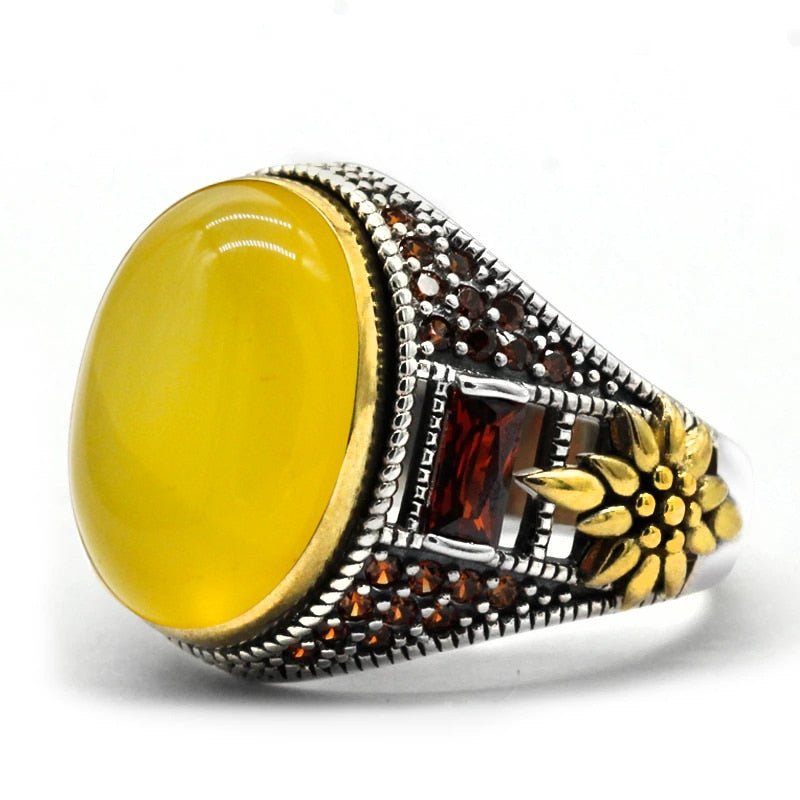 Men's Natural Yellow Onyx & Red Zircon Ring - Ideal Place Market