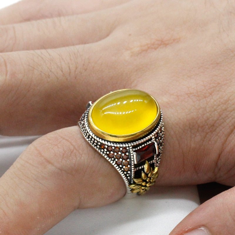 Men's Natural Yellow Onyx & Red Zircon Ring - Ideal Place Market