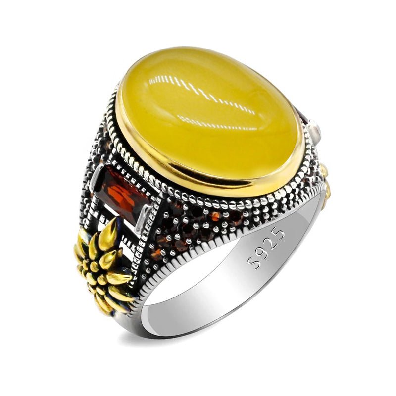 Men's Natural Yellow Onyx & Red Zircon Ring - Ideal Place Market