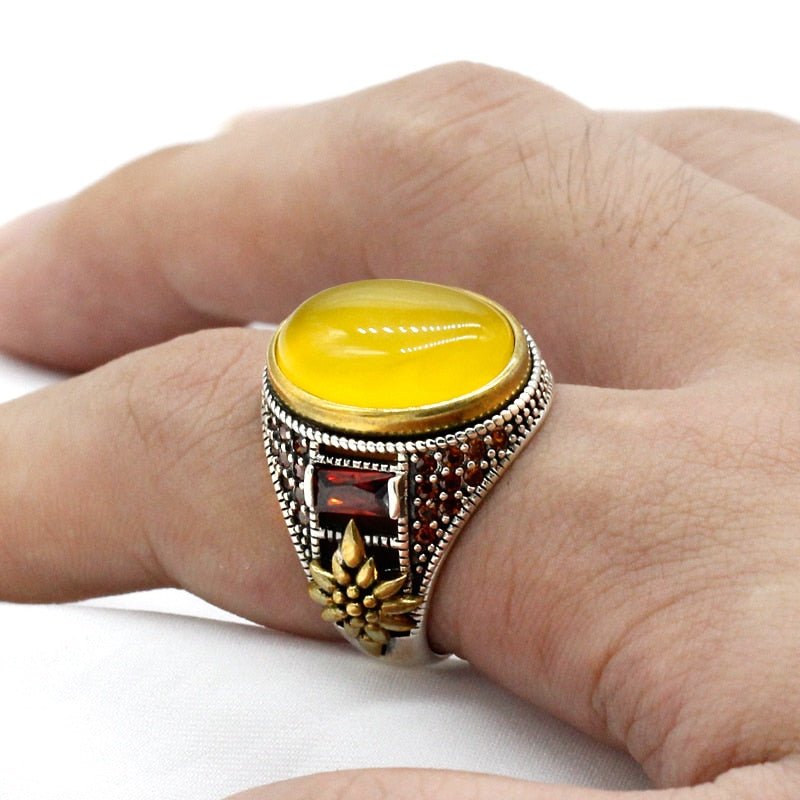 Men's Natural Yellow Onyx & Red Zircon Ring - Ideal Place Market