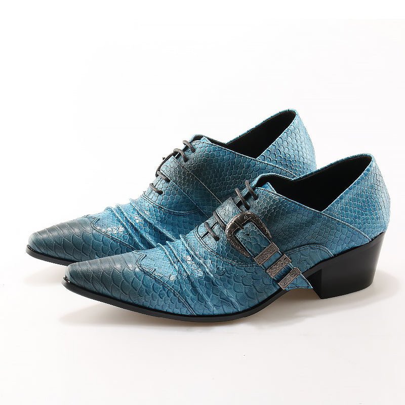 Men's Ocean Blue Embossed Leather Pointed-Toe Oxfords - Ideal Place Market