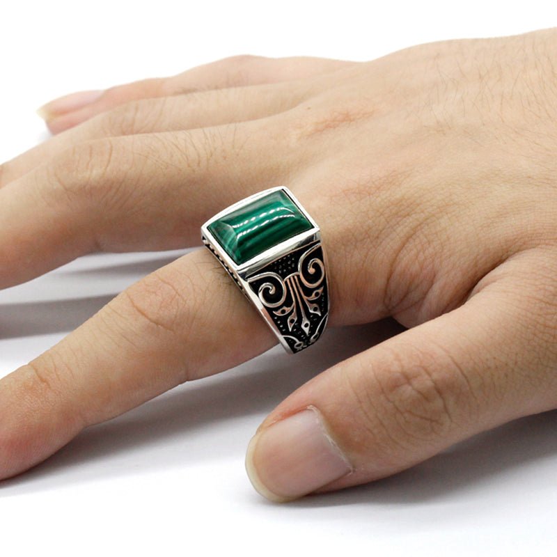 Men's Square Stone Malachite S925 Silver Ring 925 - Ideal Place Market