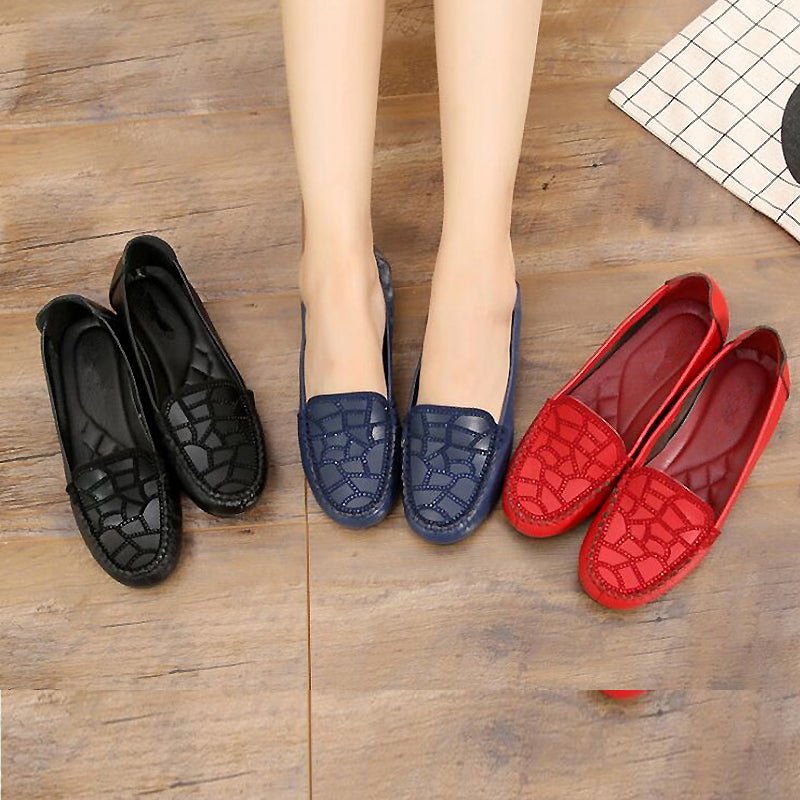 Monochrome Mini-Rhinestone Dual-Texture Cow Leather Non-Slip Flats - Ideal Place Market