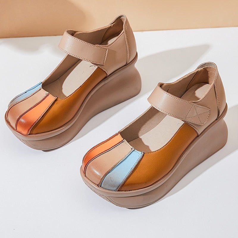 Multi-Tone Genuine Leather Platforms with Velcro Strap - Ideal Place Market