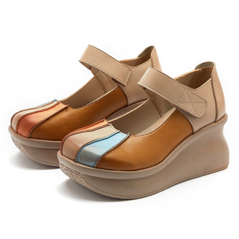 Multi-Tone Genuine Leather Platforms with Velcro Strap - Ideal Place Market