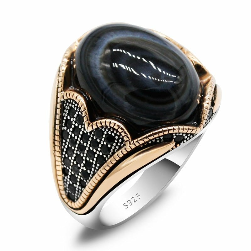 Natural Agate & Black Zircon Ring in 925 Silver - Ideal Place Market