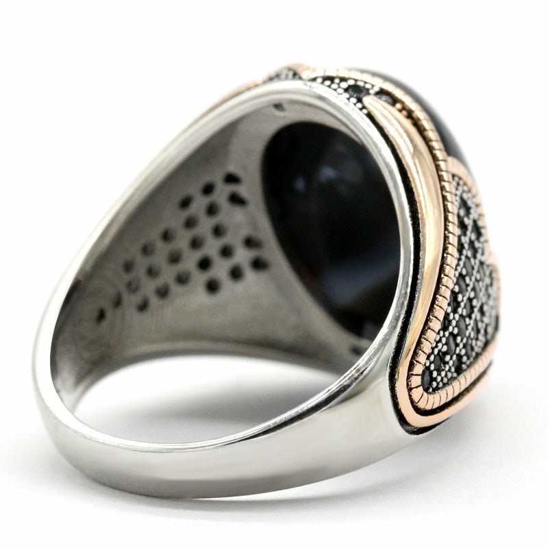 Natural Agate & Black Zircon Ring in 925 Silver - Ideal Place Market