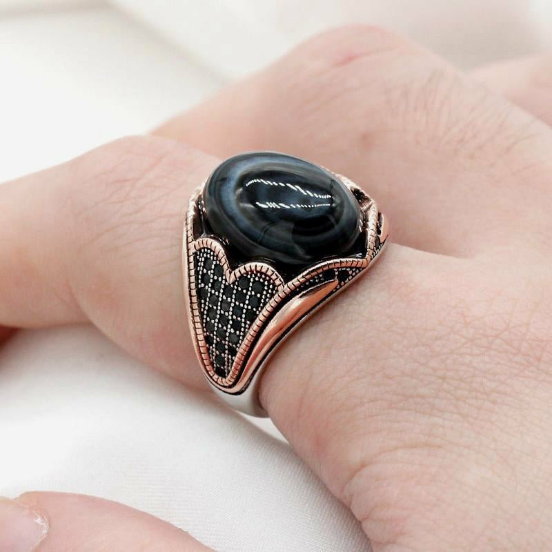 Natural Agate & Black Zircon Ring in 925 Silver - Ideal Place Market