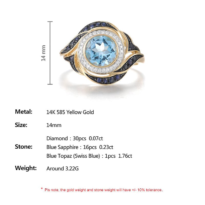 Natural Blue Topaz, Sapphire & Diamond 14k Gold Ring for Women - Ideal Place Market