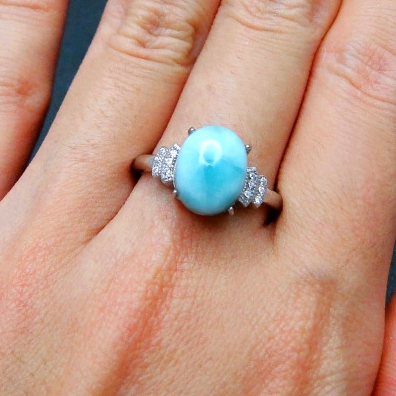 Natural Caribbean Blue Larimar in 925 Silver Ring - Ideal Place Market