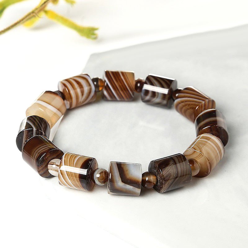 Natural Chocolate Lace Agate Barrel Beaded Bracelet - Ideal Place Market