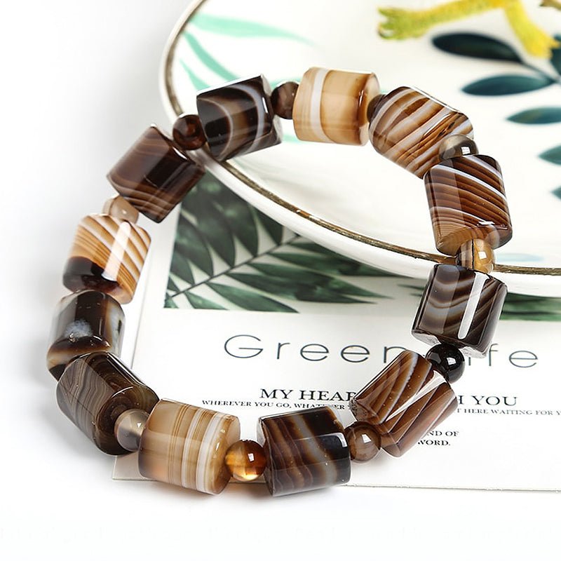 Natural Chocolate Lace Agate Barrel Beaded Bracelet - Ideal Place Market