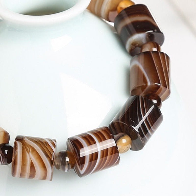 Natural Chocolate Lace Agate Barrel Beaded Bracelet - Ideal Place Market