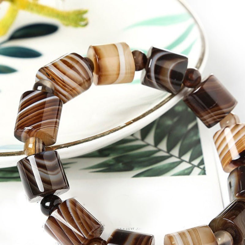 Natural Chocolate Lace Agate Barrel Beaded Bracelet - Ideal Place Market