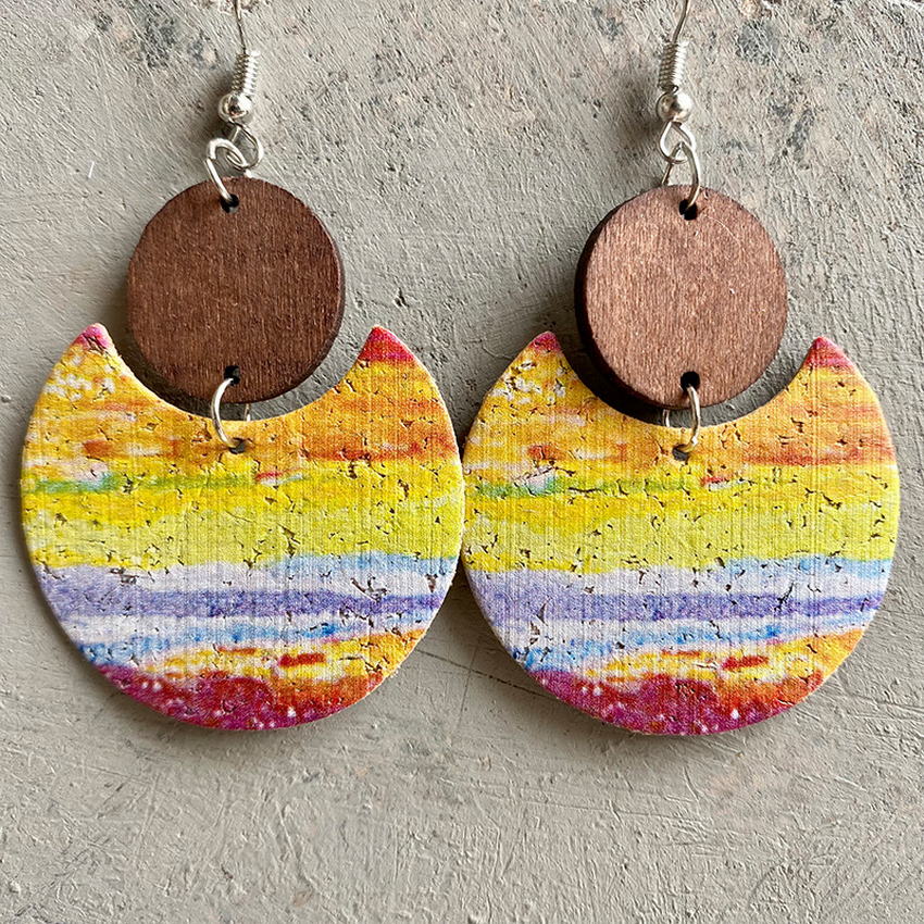 Natural Crescent Cork & Wood Dangle Earrings - 6 Unique Patterns - Ideal Place Market