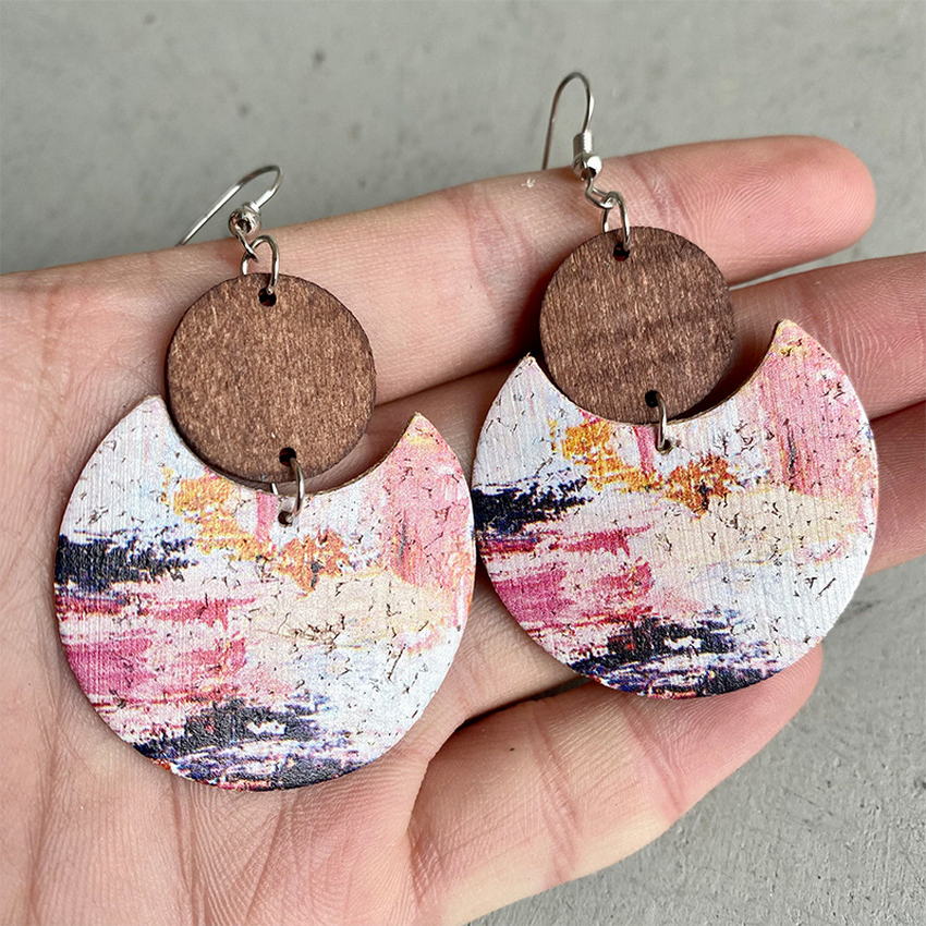 Natural Crescent Cork & Wood Dangle Earrings - 6 Unique Patterns - Ideal Place Market