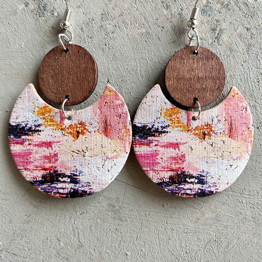 Natural Crescent Cork & Wood Dangle Earrings - 6 Unique Patterns - Ideal Place Market