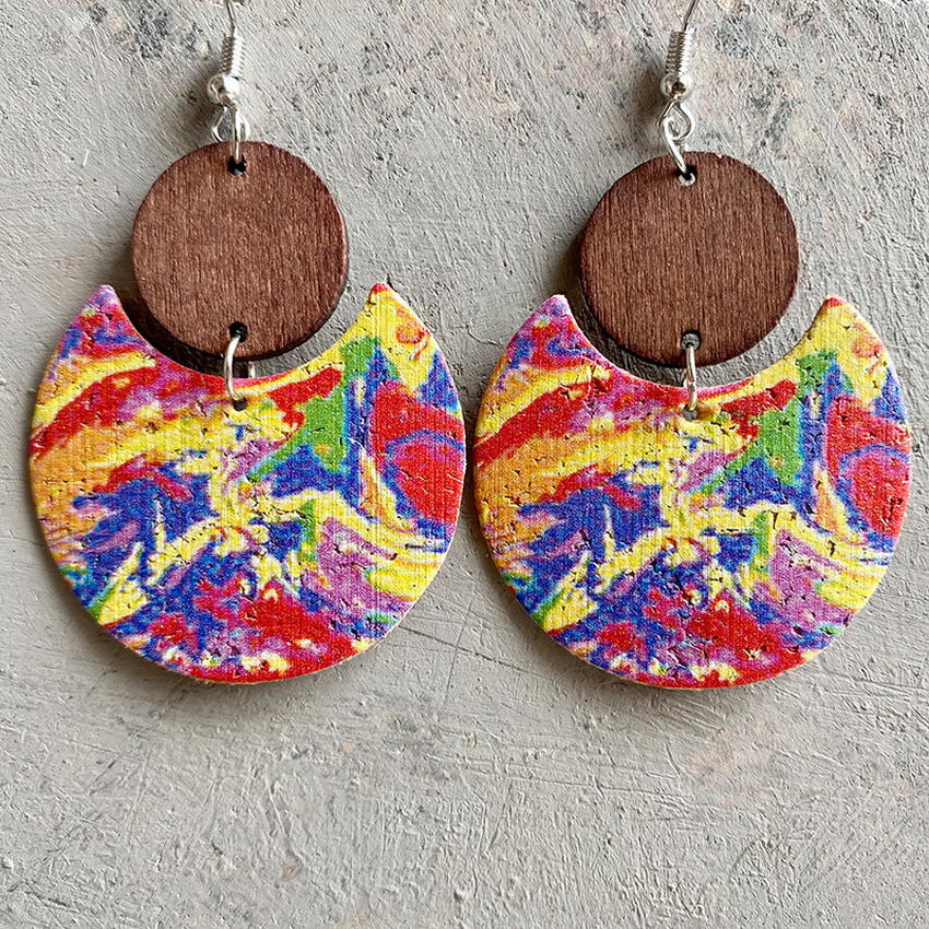 Natural Crescent Cork & Wood Dangle Earrings - 6 Unique Patterns - Ideal Place Market