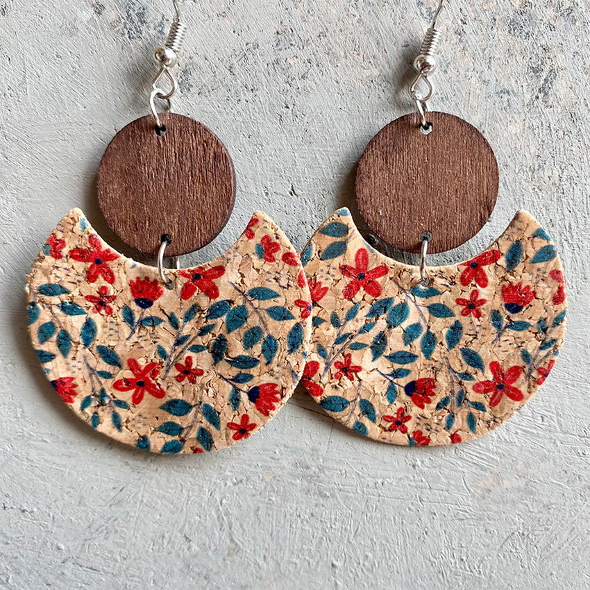 Natural Crescent Cork & Wood Dangle Earrings - 6 Unique Patterns - Ideal Place Market