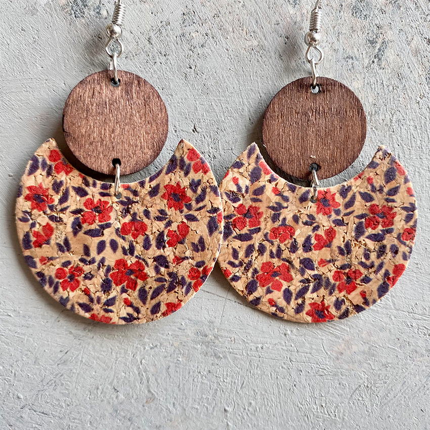 Natural Crescent Cork & Wood Dangle Earrings - 6 Unique Patterns - Ideal Place Market