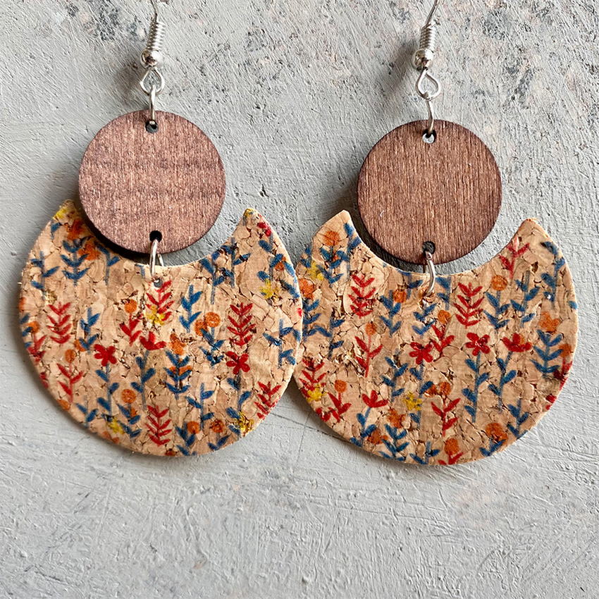 Natural Crescent Cork & Wood Dangle Earrings - 6 Unique Patterns - Ideal Place Market