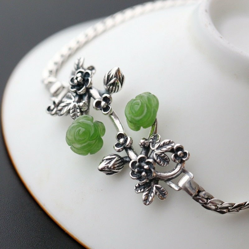 Natural Green Jasper Flowered Bracelet - S925 Silver - Ideal Place Market