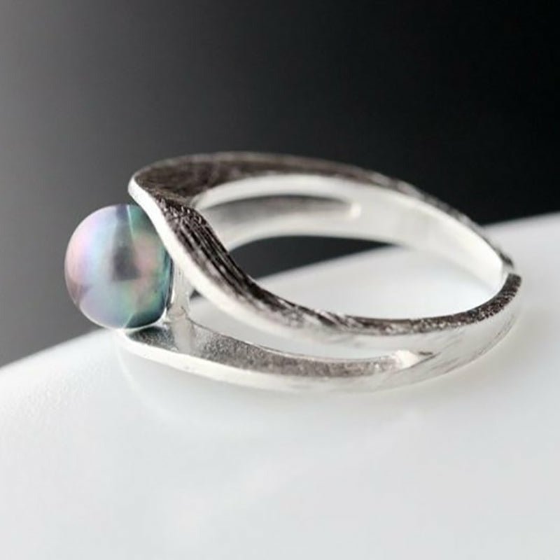 Natural Inlaid Black Pearl in Brushed Silver Ring - Ideal Place Market