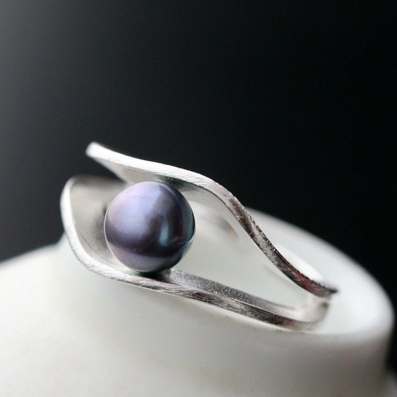 Natural Inlaid Black Pearl in Brushed Silver Ring - Ideal Place Market