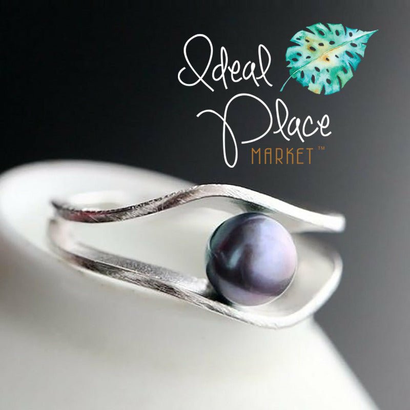 Natural Inlaid Black Pearl in Brushed Silver Ring - Ideal Place Market