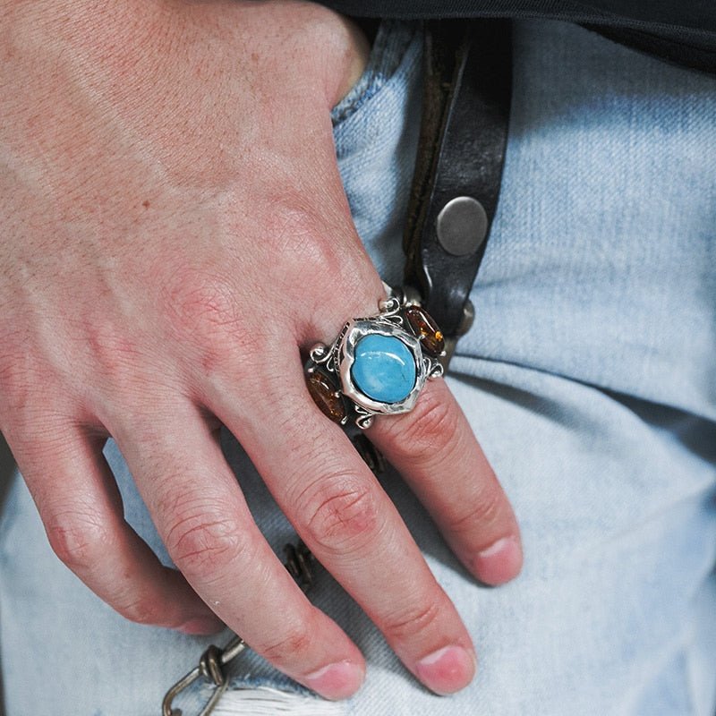 Natural Inlaid Turquoise & Amber Ring - Ideal Place Market